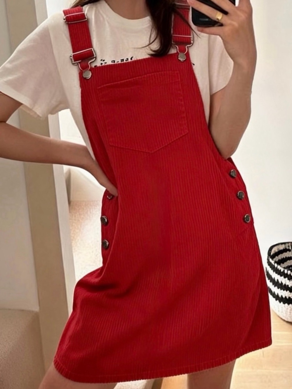 Cider Corduroy Mini Dress Overalls with Pocket in Bright Red